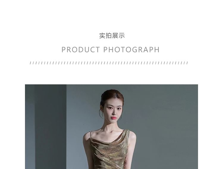 Mermaid Neck Sleeveless Cowl Sequin Open Evening Back Gown