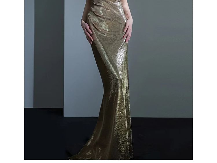 Mermaid Neck Sleeveless Cowl Sequin Open Evening Back Gown