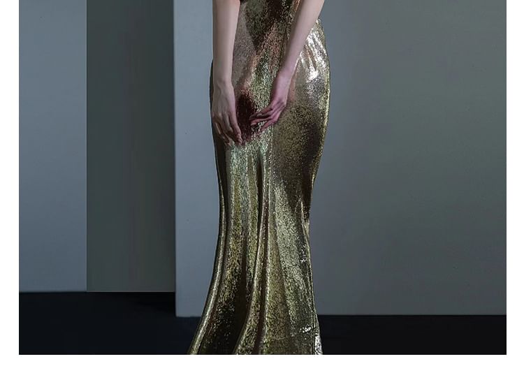 Mermaid Neck Sleeveless Cowl Sequin Open Evening Back Gown
