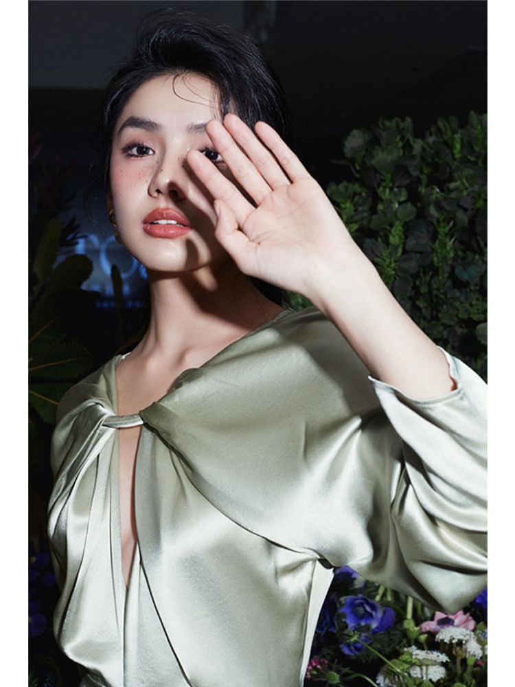 Plain Long-Sleeve Sheath Cutout Gown Evening