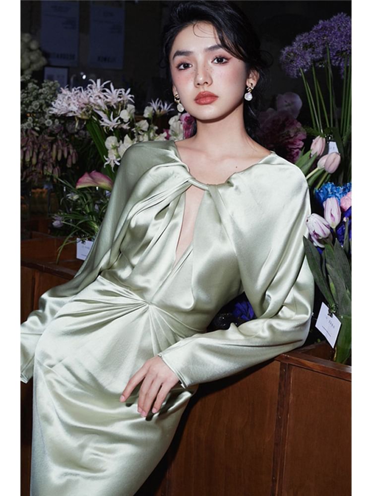 Plain Long-Sleeve Sheath Cutout Gown Evening