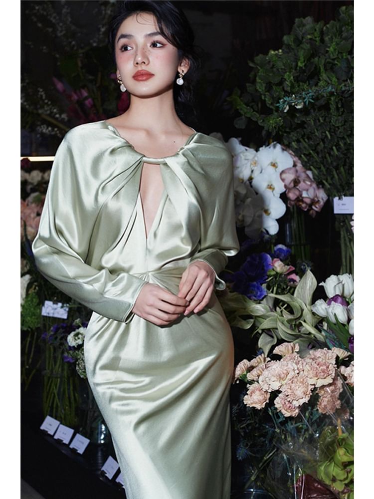 Plain Long-Sleeve Sheath Cutout Gown Evening