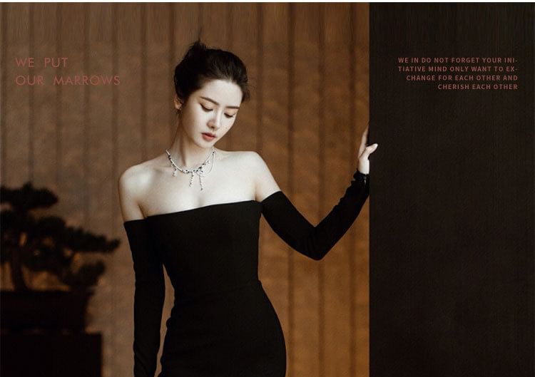 Plain Off-Shoulder Sheath Gown Long-Sleeve Evening