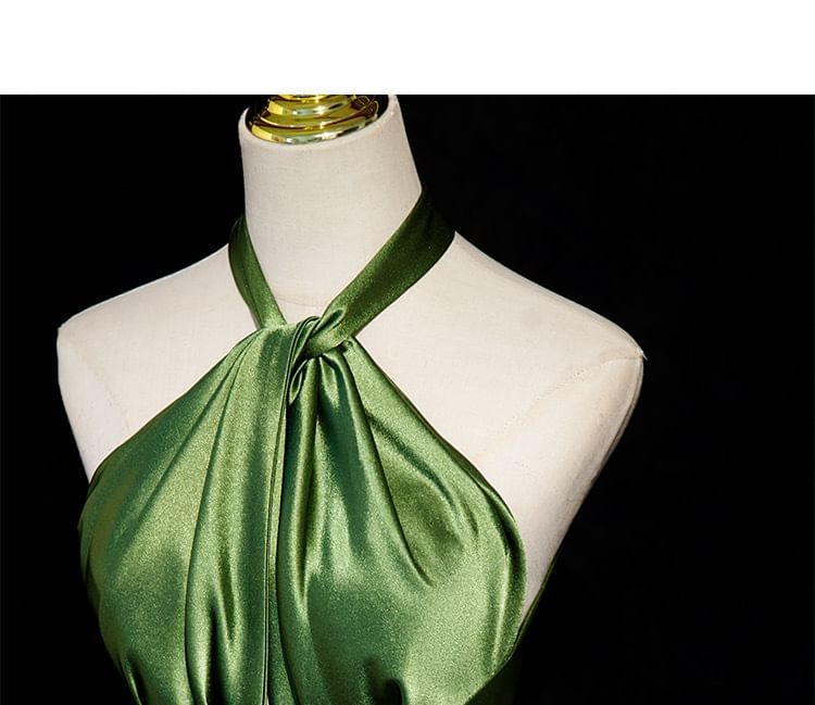 Sleeveless Evening Halter Plain A-Line Slit Gown