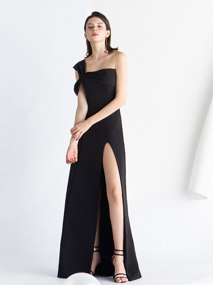 Evening One-Shoulder Plain Gown A-Line Slit Sleeveless