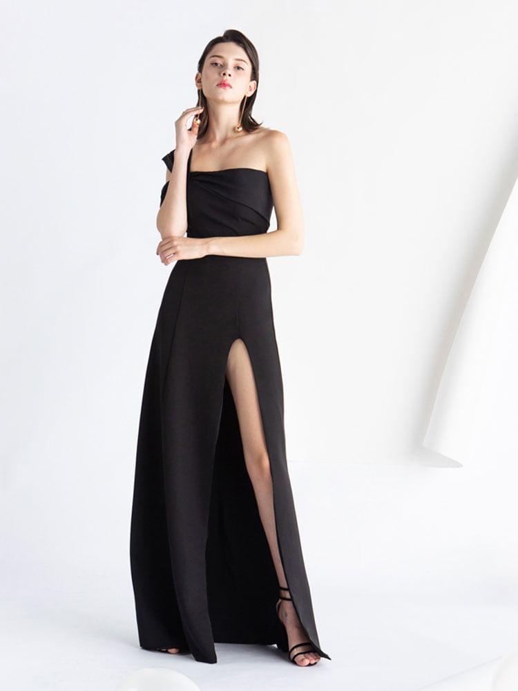 Evening One-Shoulder Plain Gown A-Line Slit Sleeveless
