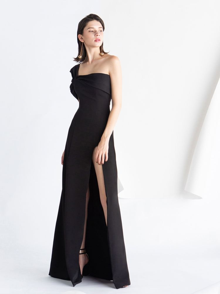 Evening One-Shoulder Plain Gown A-Line Slit Sleeveless