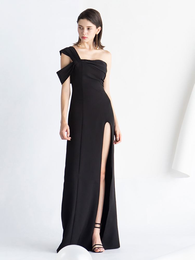 Evening One-Shoulder Plain Gown A-Line Slit Sleeveless