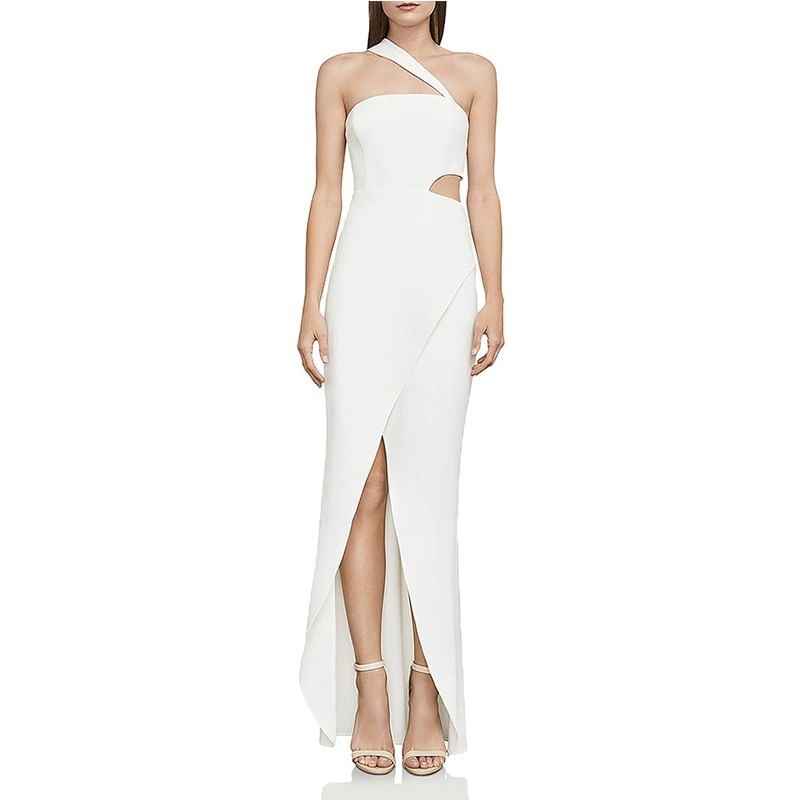 Strap Spaghetti Plain Slit Sheath Gown Cutout One-Shoulder Evening