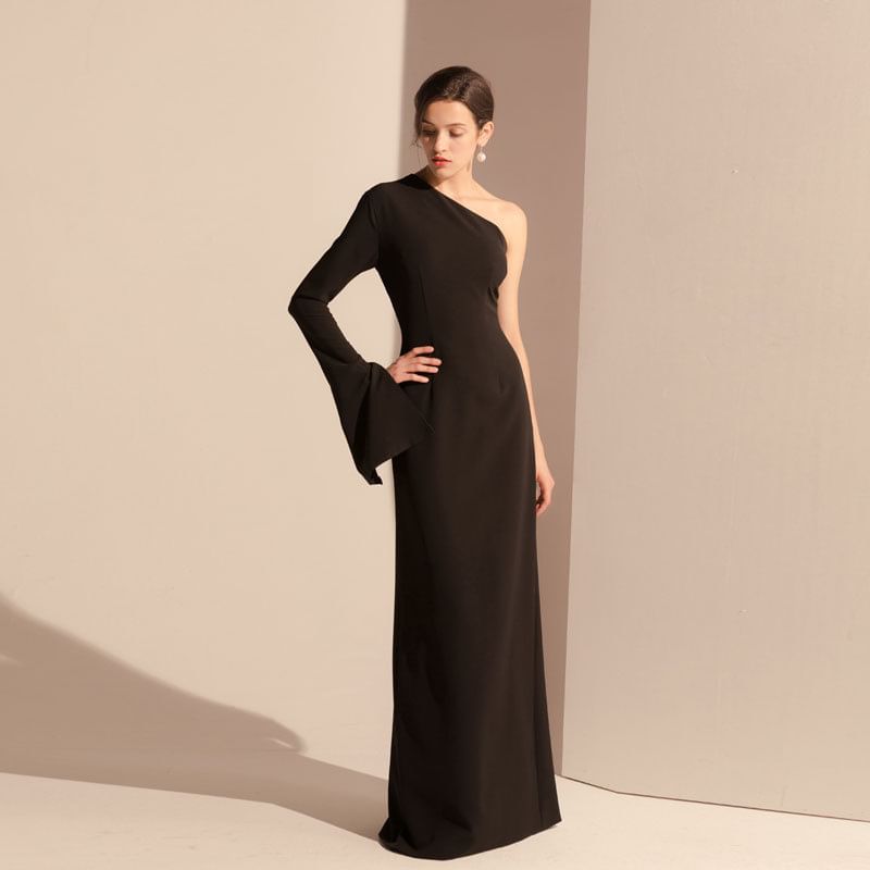 Sheath Long-Sleeve Gown Evening Plain One-Shoulder