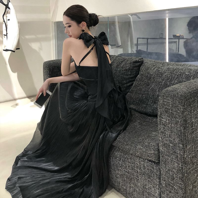 A-Line Plain Gown Halter Open Neck Evening Back