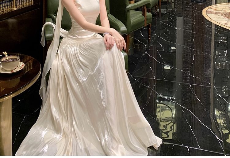 A-Line Plain Gown Halter Open Neck Evening Back