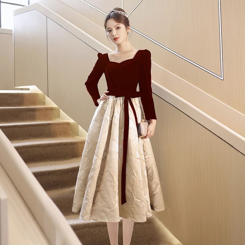 Gown Panel / Bow Cocktail Midi Evening (Various A-Line Neck Jacquard Sweetheart Dress Designs)