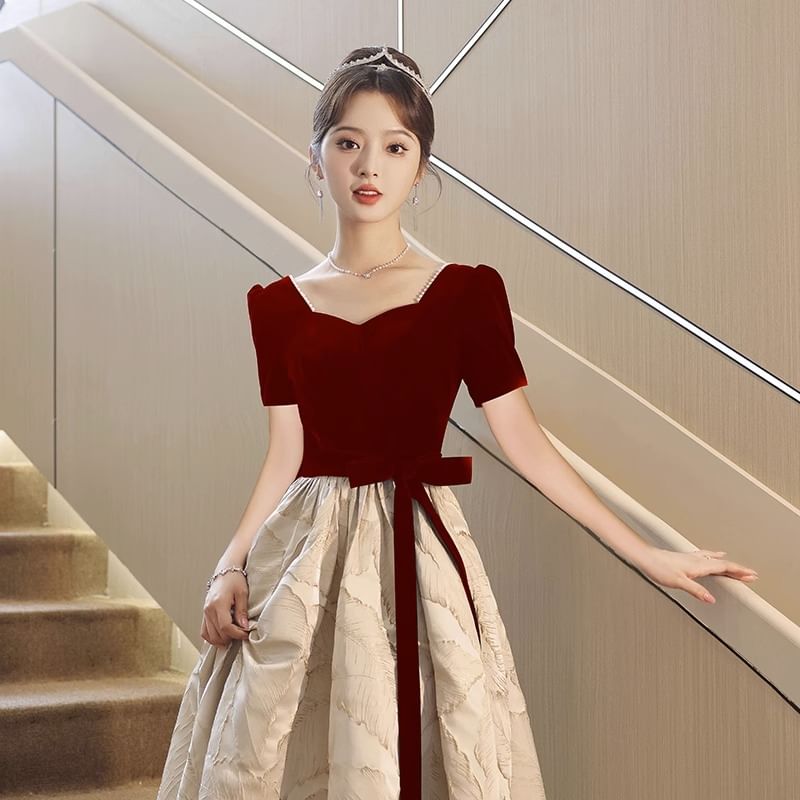 Gown Panel / Bow Cocktail Midi Evening (Various A-Line Neck Jacquard Sweetheart Dress Designs)