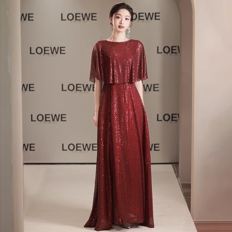 Sleeve Gown Sequin Round Neck Plain Evening A-Line Panel Cape