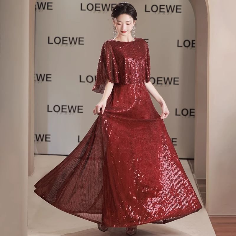 Sleeve Gown Sequin Round Neck Plain Evening A-Line Panel Cape
