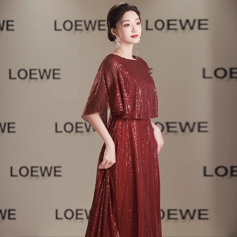 Sleeve Gown Sequin Round Neck Plain Evening A-Line Panel Cape