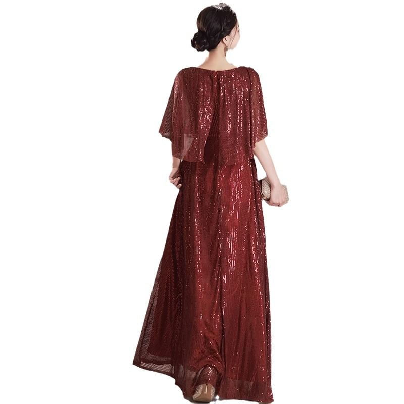 Sleeve Gown Sequin Round Neck Plain Evening A-Line Panel Cape