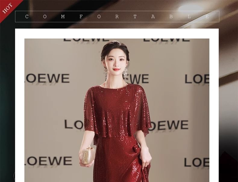 Sleeve Gown Sequin Round Neck Plain Evening A-Line Panel Cape