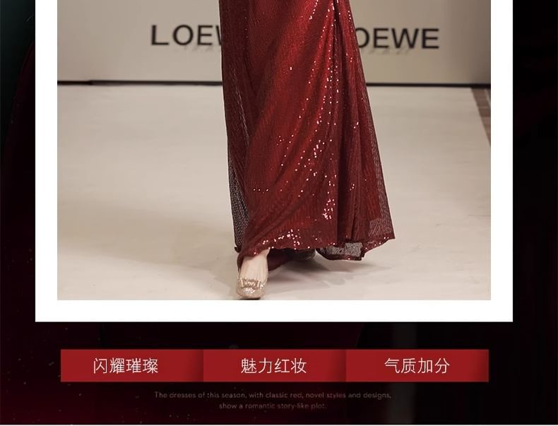 Sleeve Gown Sequin Round Neck Plain Evening A-Line Panel Cape