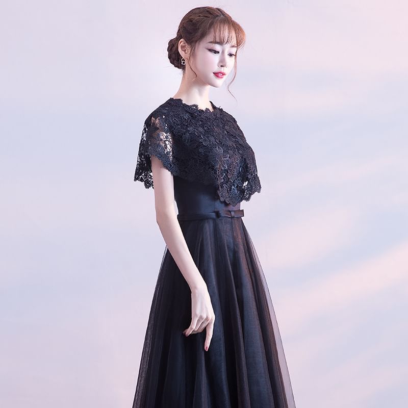 Short Plain Panel Gown Bow Round A-Line Evening Mesh Sleeve Neck Lace