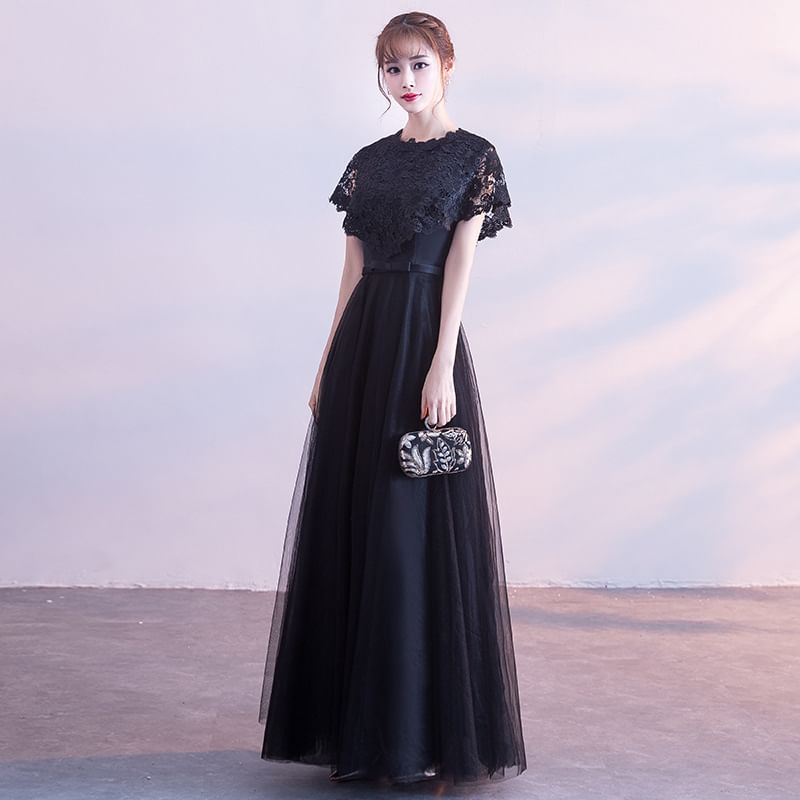 Short Plain Panel Gown Bow Round A-Line Evening Mesh Sleeve Neck Lace