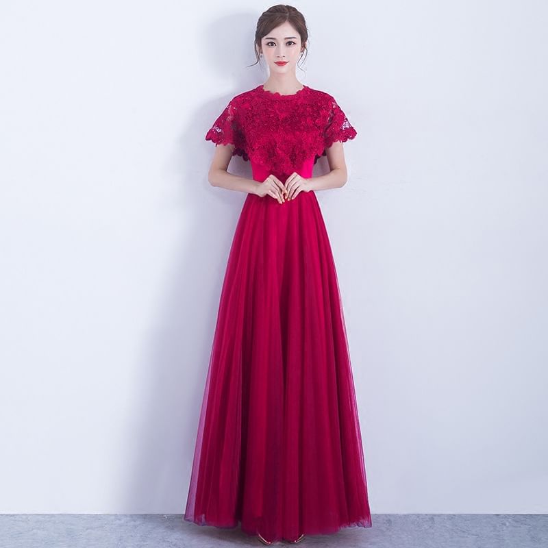 Short Plain Panel Gown Bow Round A-Line Evening Mesh Sleeve Neck Lace