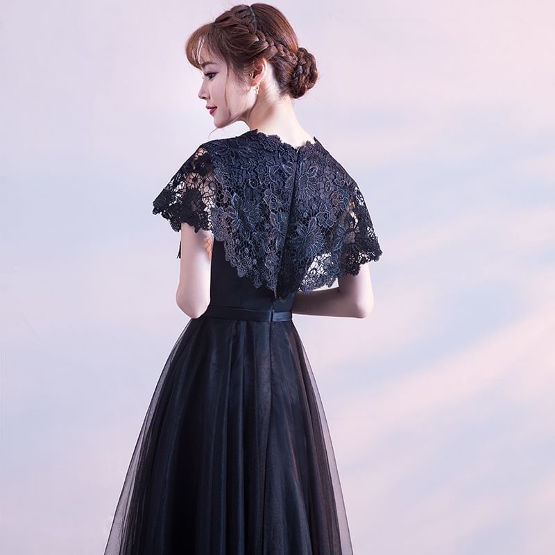 Short Plain Panel Gown Bow Round A-Line Evening Mesh Sleeve Neck Lace