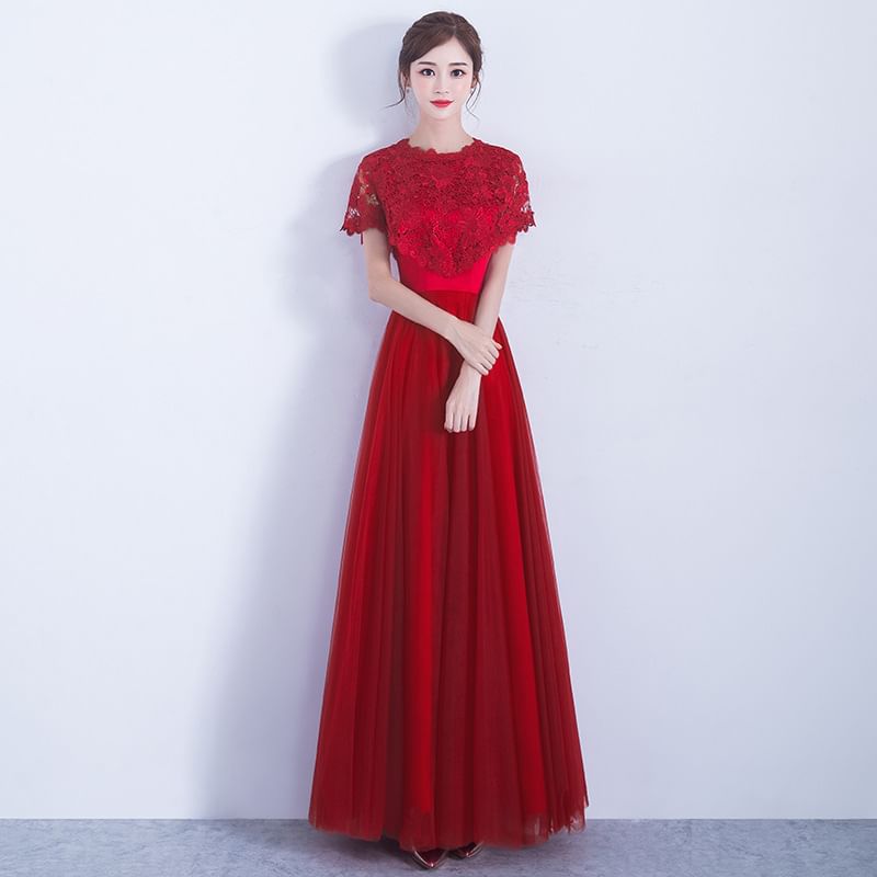 Short Plain Panel Gown Bow Round A-Line Evening Mesh Sleeve Neck Lace
