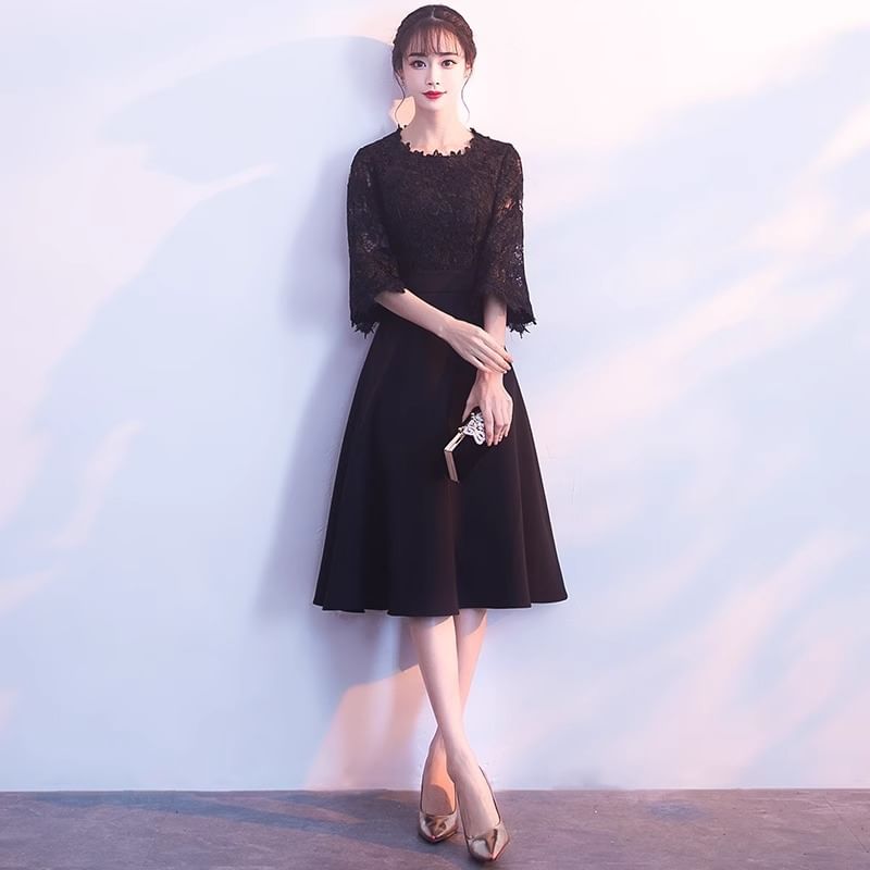 Dress A-Line Plain / Neck Lace Round Evening Cocktail Elbow Panel Midi Sleeve Gown