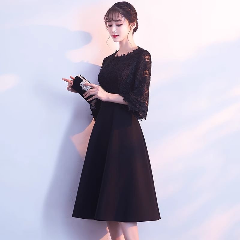 Dress A-Line Plain / Neck Lace Round Evening Cocktail Elbow Panel Midi Sleeve Gown