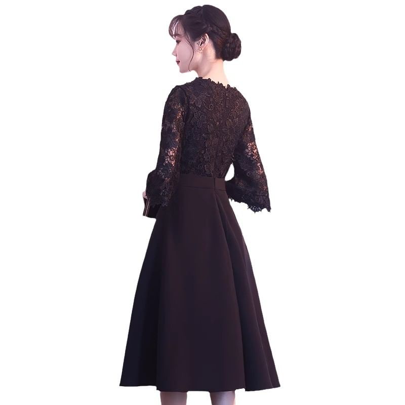 Dress A-Line Plain / Neck Lace Round Evening Cocktail Elbow Panel Midi Sleeve Gown
