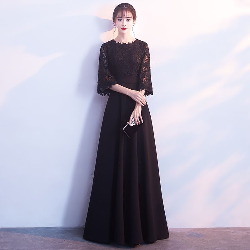 Dress A-Line Plain / Neck Lace Round Evening Cocktail Elbow Panel Midi Sleeve Gown