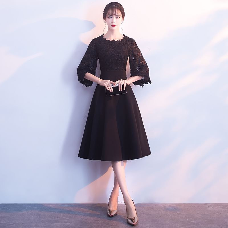 Dress A-Line Plain / Neck Lace Round Evening Cocktail Elbow Panel Midi Sleeve Gown