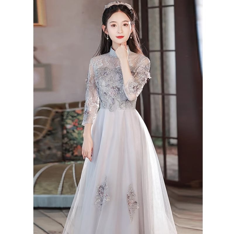 Collar A-Line Applique Lace Sleeve Panel Evening Floral 3/4 Mesh Gown Sequin Mandarin