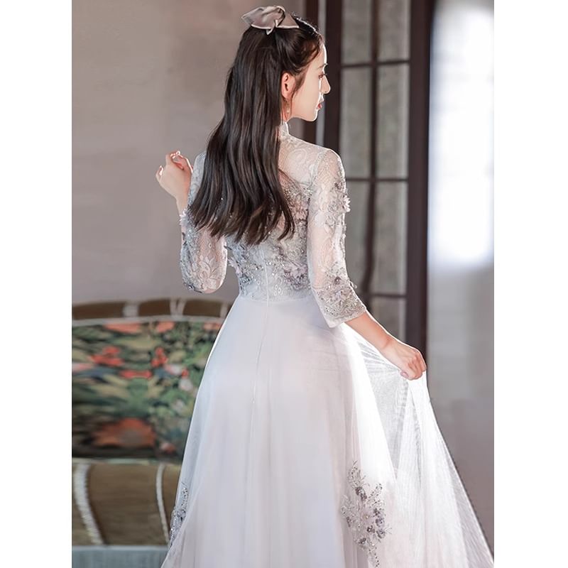 Collar A-Line Applique Lace Sleeve Panel Evening Floral 3/4 Mesh Gown Sequin Mandarin