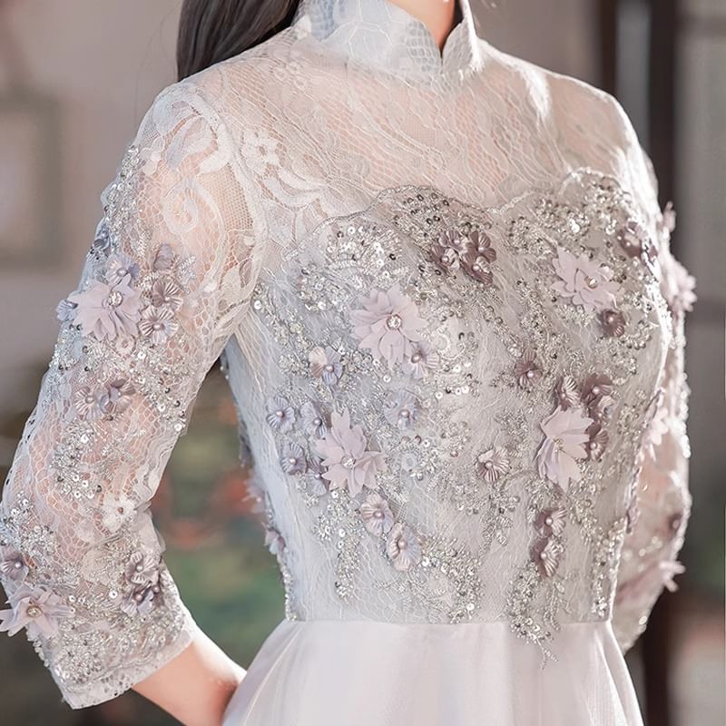 Collar A-Line Applique Lace Sleeve Panel Evening Floral 3/4 Mesh Gown Sequin Mandarin