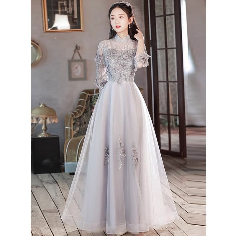 Collar A-Line Applique Lace Sleeve Panel Evening Floral 3/4 Mesh Gown Sequin Mandarin
