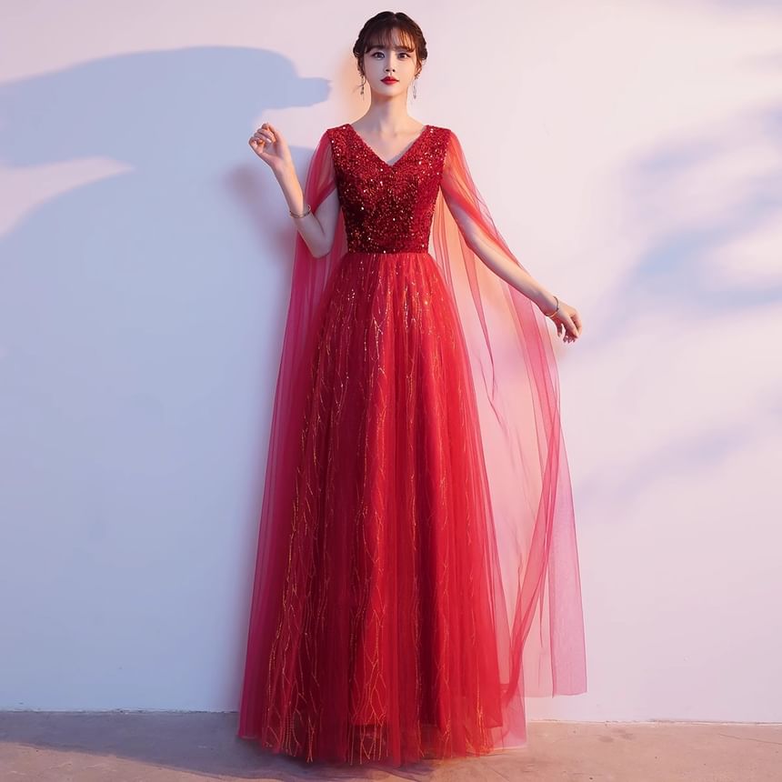 Mesh Sleeve Plain Cape Gown Evening Sequin V-Neck A-Line