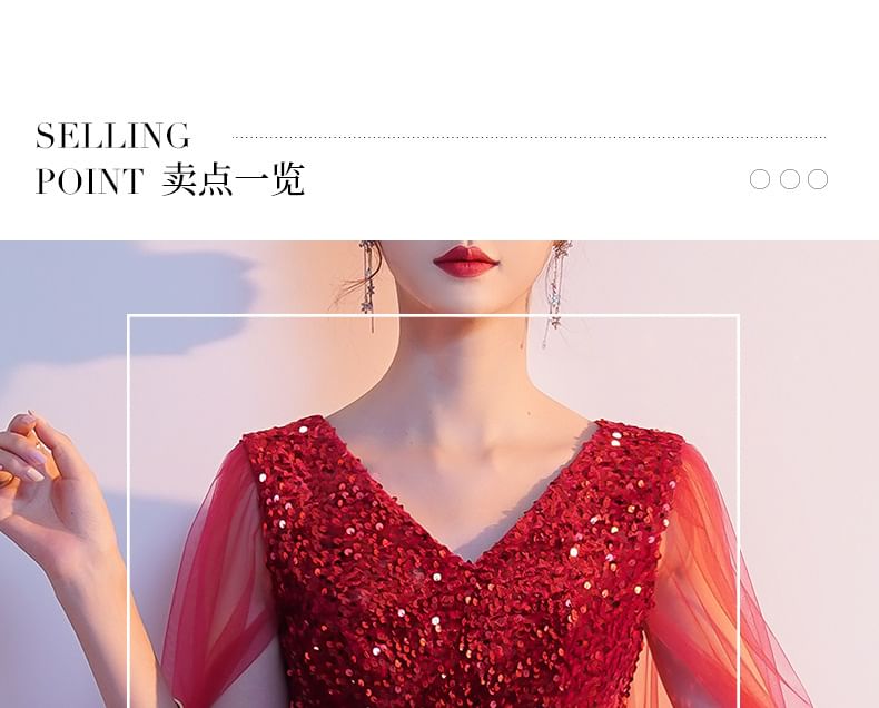 Mesh Sleeve Plain Cape Gown Evening Sequin V-Neck A-Line