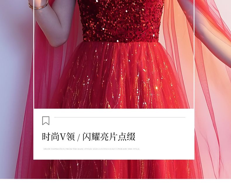 Mesh Sleeve Plain Cape Gown Evening Sequin V-Neck A-Line