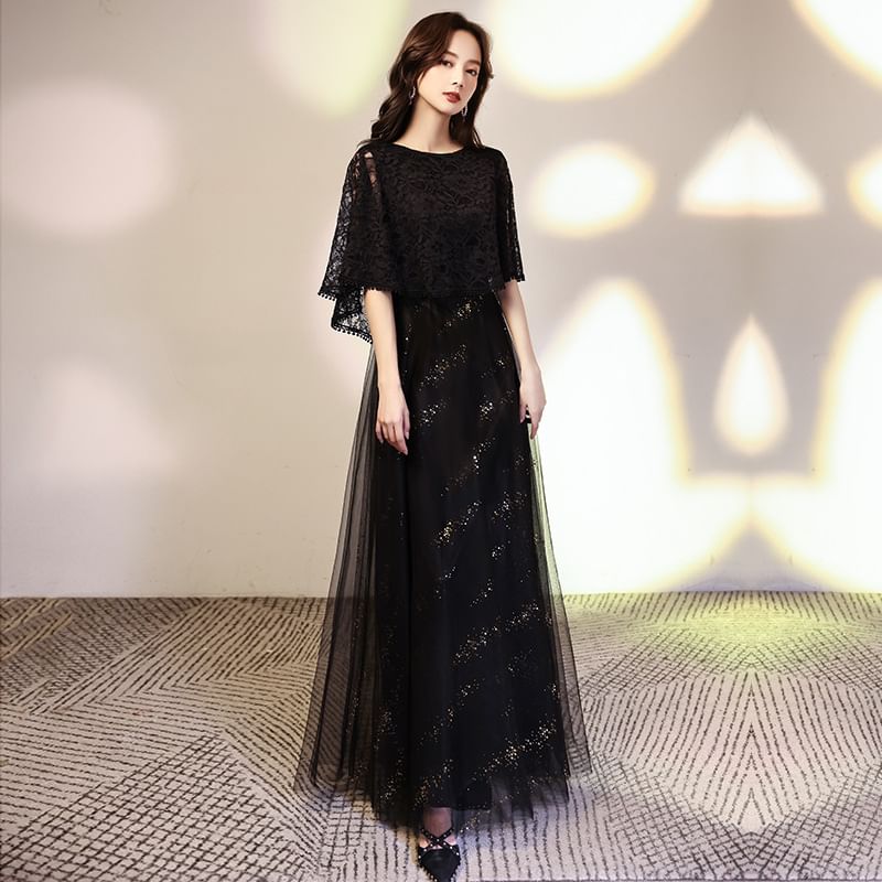 Panel Evening A-Line Cape Mesh Lace Gown Plain Glitter Neck Sleeve Round