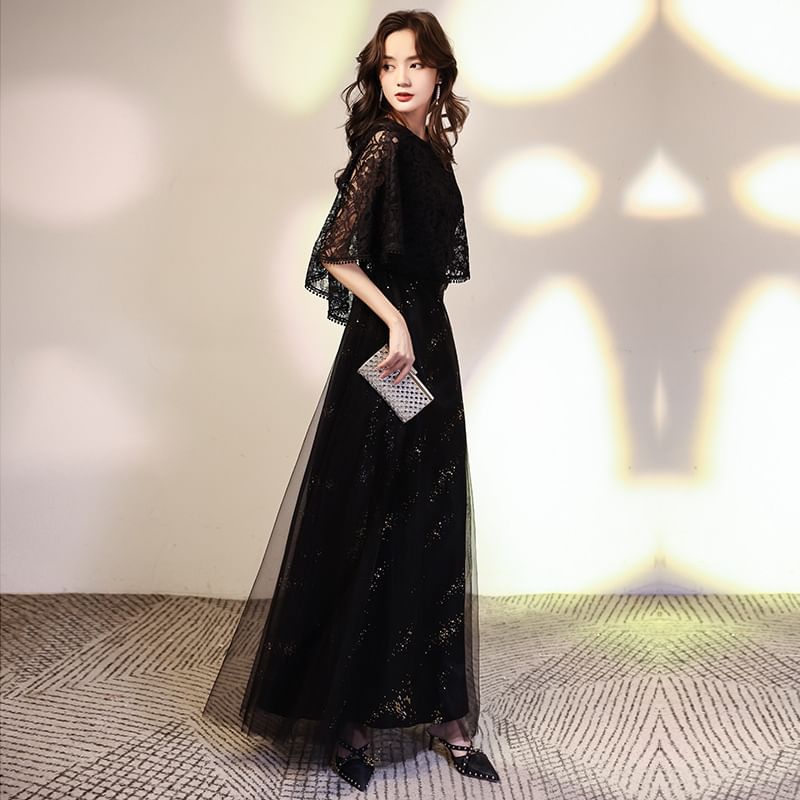 Panel Evening A-Line Cape Mesh Lace Gown Plain Glitter Neck Sleeve Round