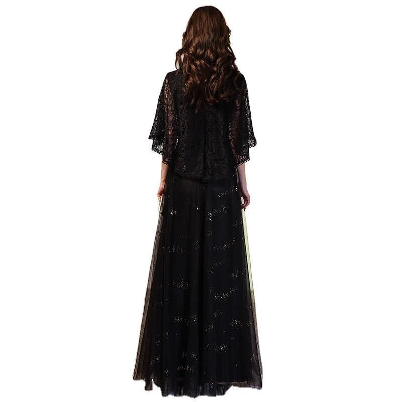 Panel Evening A-Line Cape Mesh Lace Gown Plain Glitter Neck Sleeve Round