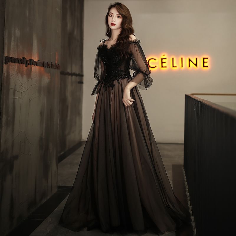 Mesh Evening V-Neck A-Line Gown