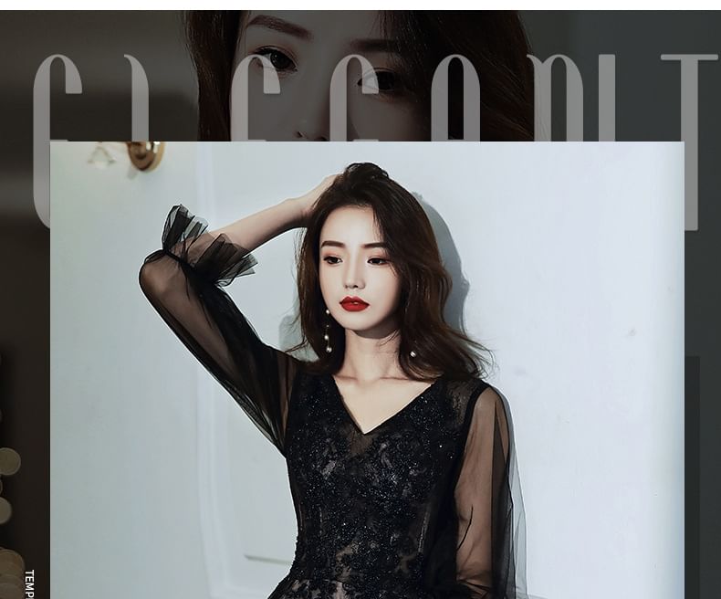 Mesh Evening V-Neck A-Line Gown