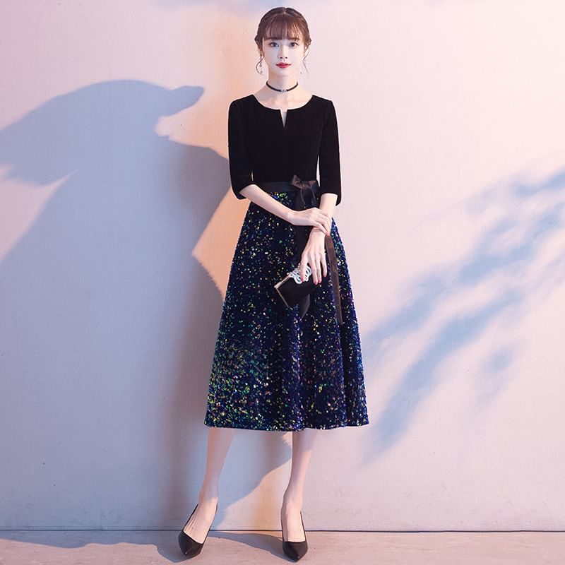 Gown Sequin Evening / A-Line Elbow-Sleeve Dress