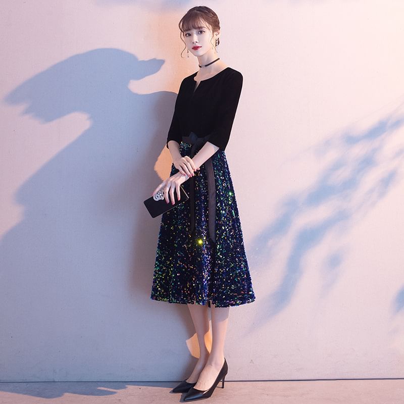 Gown Sequin Evening / A-Line Elbow-Sleeve Dress