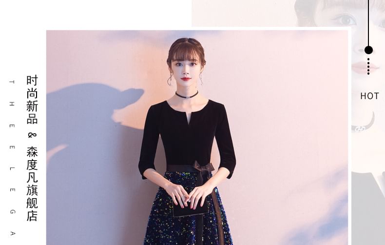 Gown Sequin Evening / A-Line Elbow-Sleeve Dress