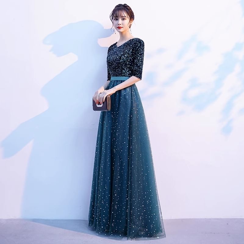 Sequin Evening A-Line Gown Elbow-Sleeve V-Neck